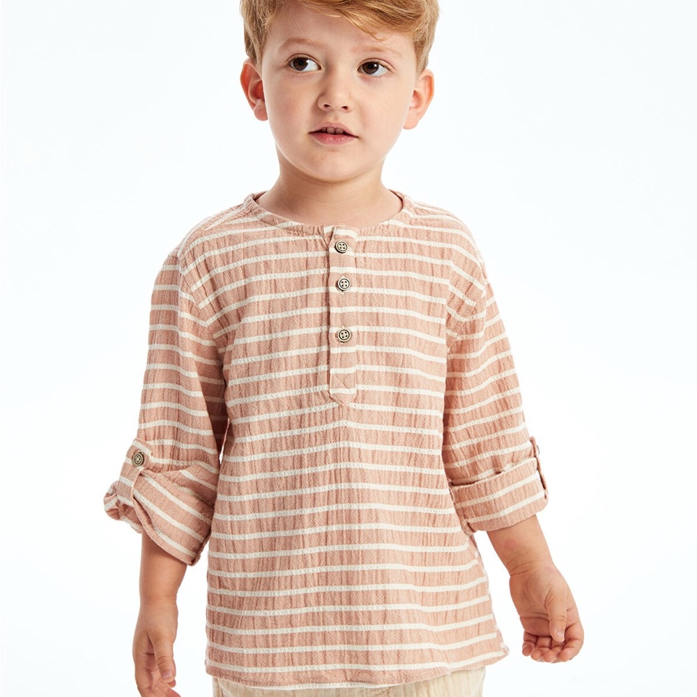 Zara Kids Button Down Linen Shirt in Beige and White Boy Toddler 18-24 Mos